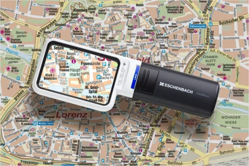 Loupe de poche avec lumière mobilux LED carrée 75x50mm 4x grossissement Eschenbach