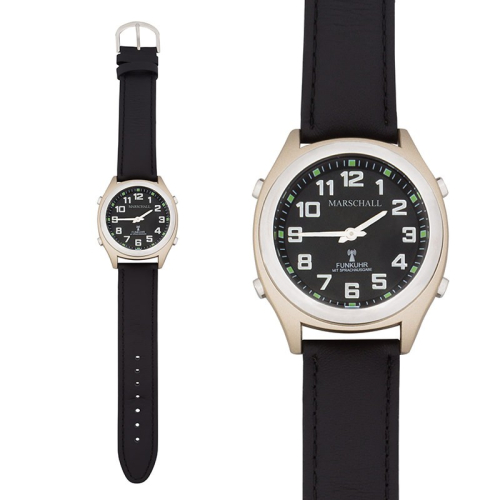 Orologio da polso radio parlante donna / uomo cinturino da polso in pelle nera Marschall