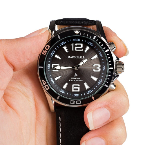 Sprechende Funkarmbanduhr für Herren mit Lederarmband Solar Black Marschall