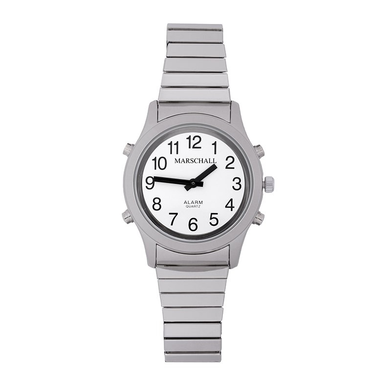 Orologio da polso da donna parlante con funzione sveglia Edizione bianca argento-metallo Marschall